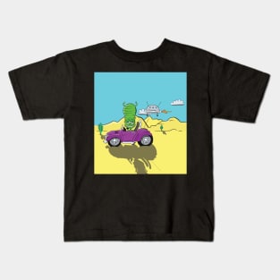 Alien driving a Purple Car in the Desert Landscape with UFO Kids T-Shirt